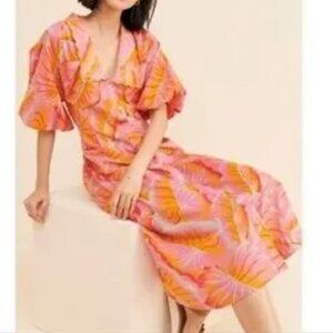 Farm Rio Bright Forest Button Front Midi Dress Pockets Orange Size XS New